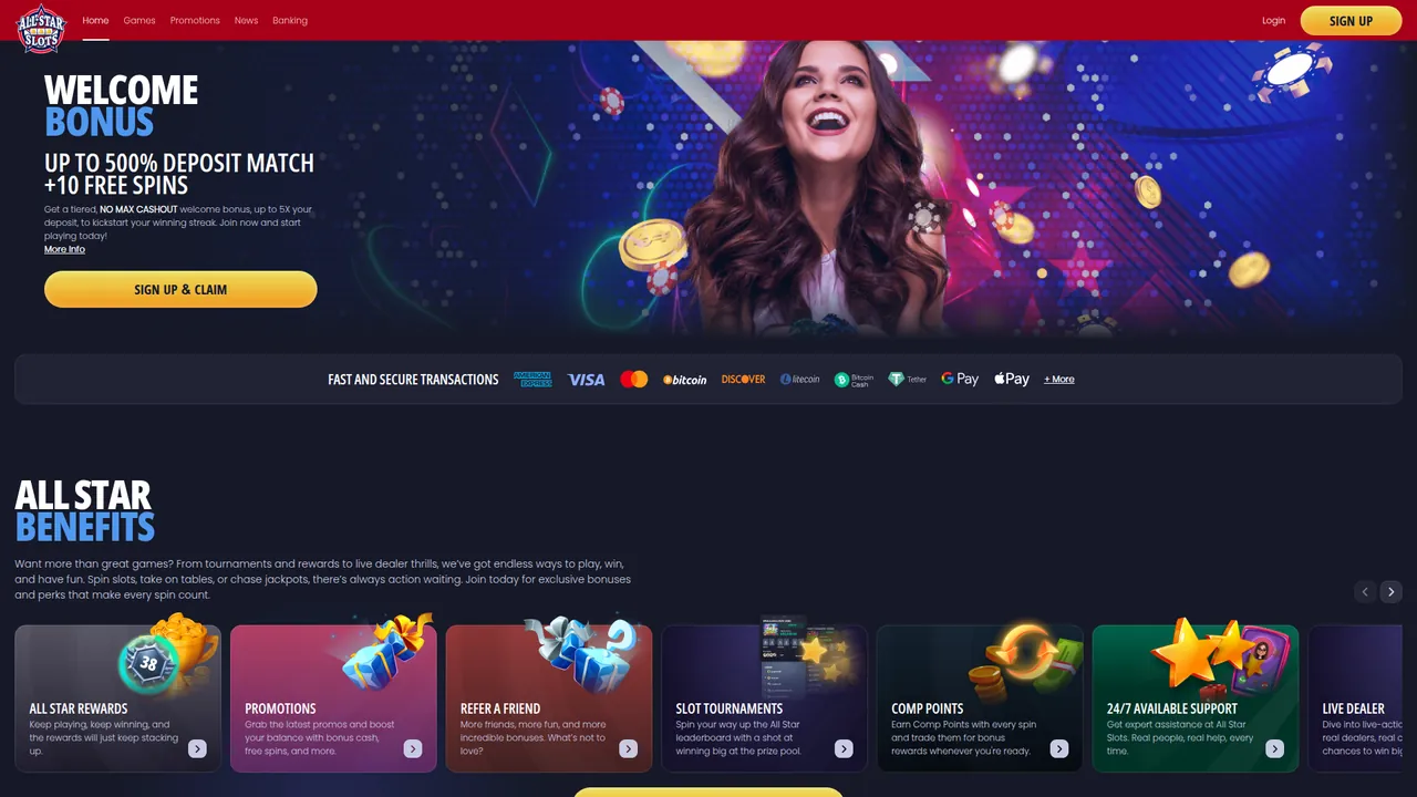 All Star Slots homepage with fast payout options and real money casino games