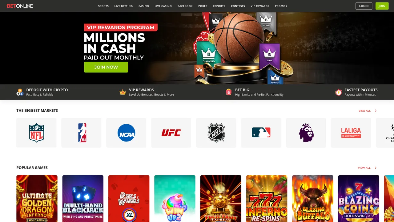 BetOnline homepage with fast payout options and real money casino games