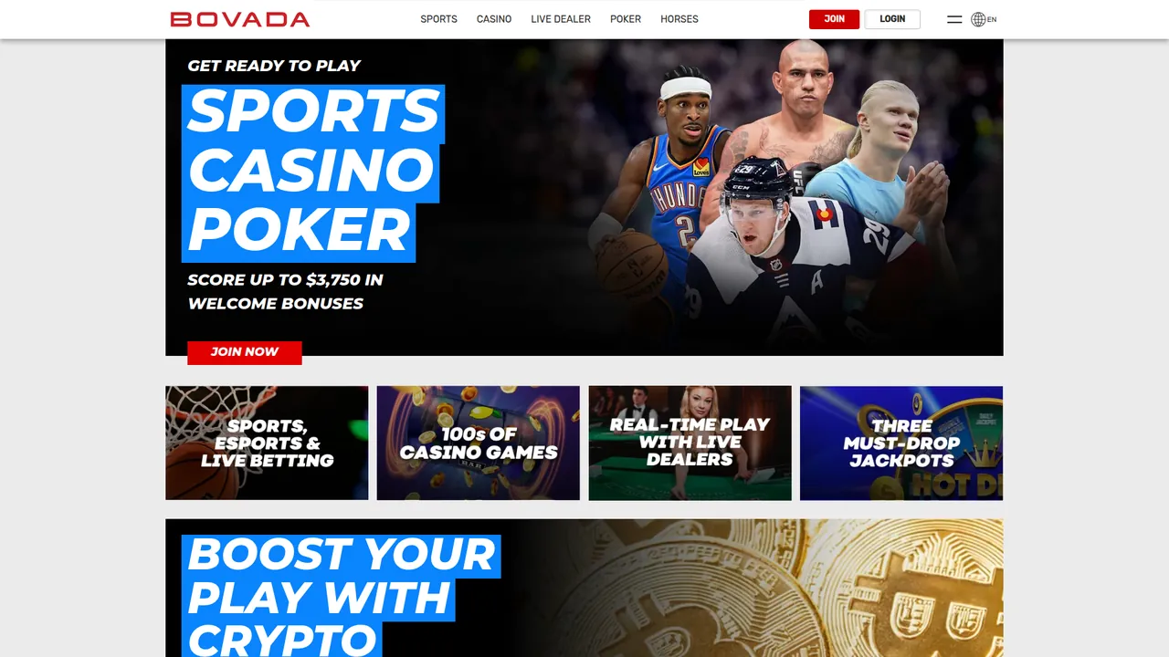 Bovada homepage with fast payout options and real money casino games