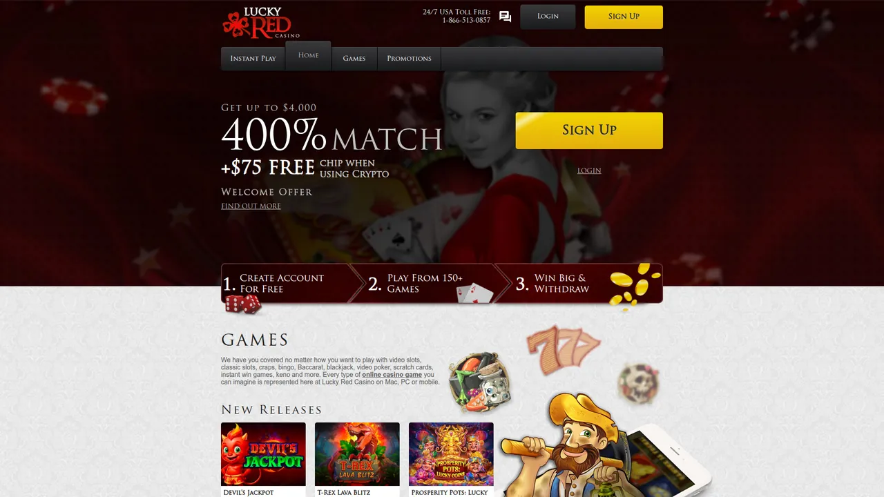 Lucky Red Casino homepage with fast payout options and real money casino games