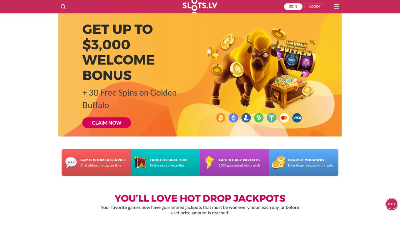 Slots.lv homepage with fast payout options and real money casino games