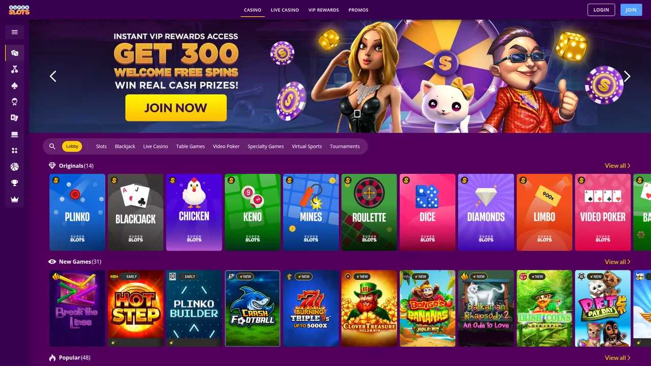 Super Slots homepage with fast payout options and real money casino games