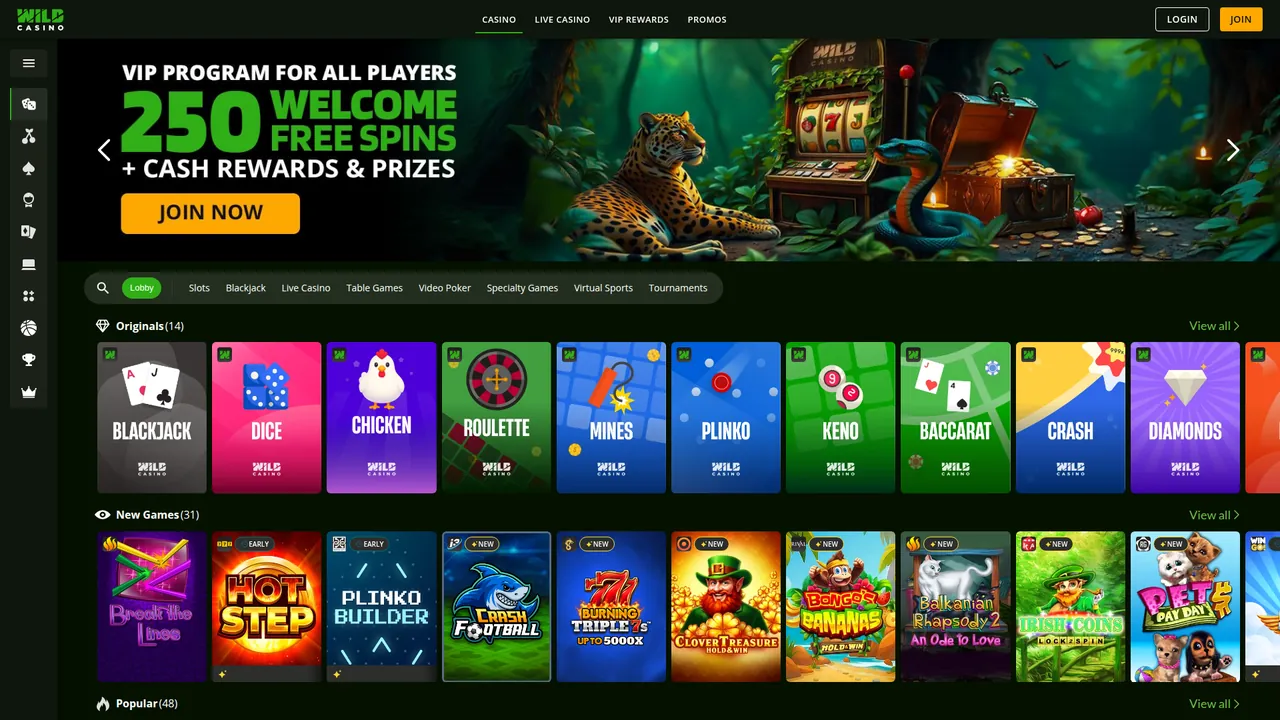Wild Casino homepage with fast payout options and real money casino games